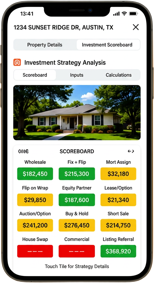 Flipping Pro App mobile interface showing the AI Scoreboard property analysis tool